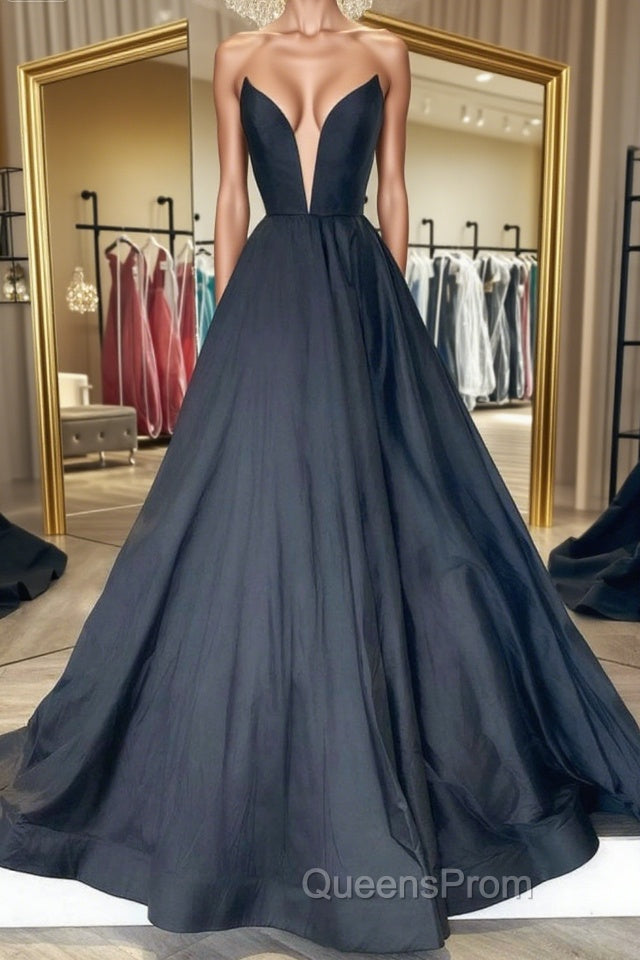 V Neck Strapless Black Satin Long Evening Prom Dress, Strapless Black Formal Dress, Long Black Evening Dress Main image