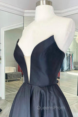 V Neck Strapless Black Satin Long Evening Prom Dress, Strapless Black Formal Dress, Long Black Evening Dress