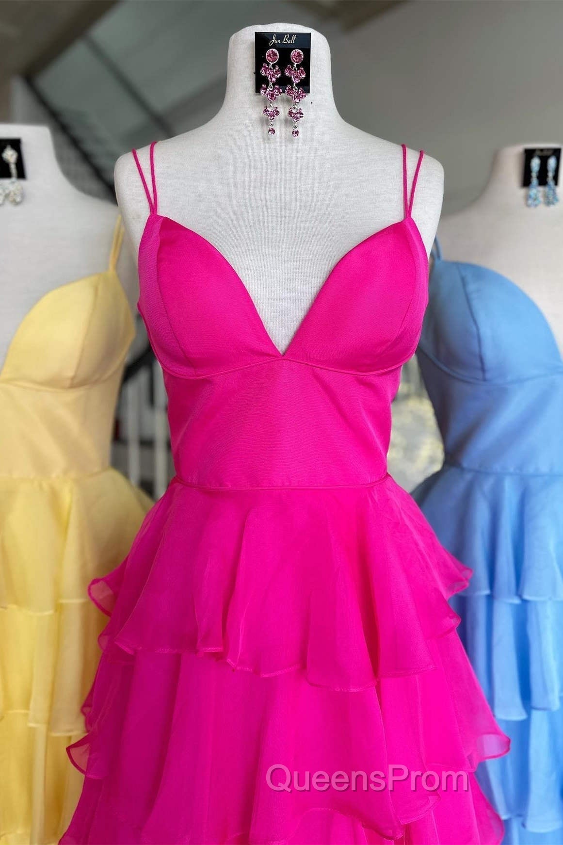 V-Neck Straps Fuchsia Ruffle Chiffon Evening Prom Dress with Slit Secondary image
