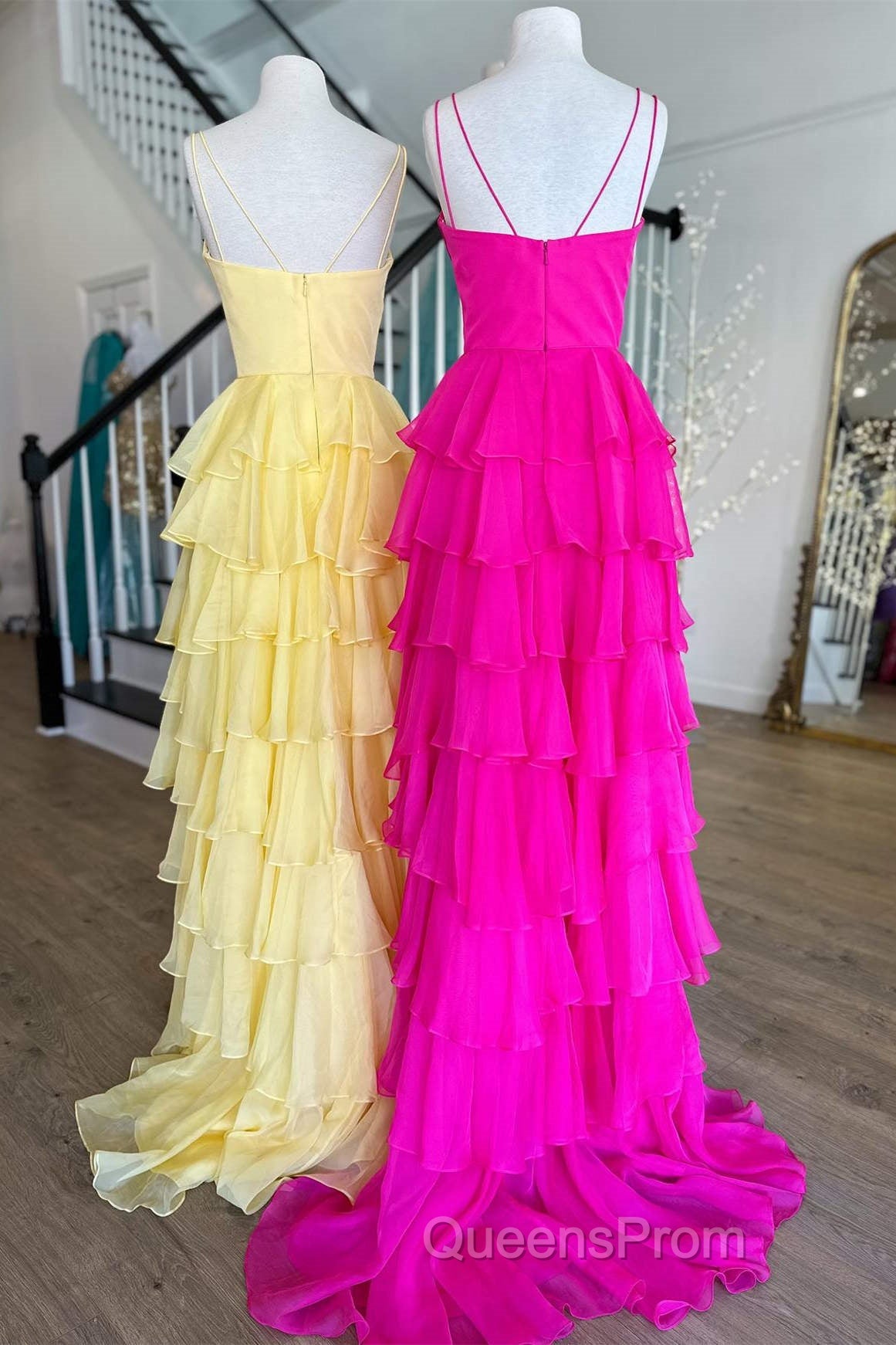 V-Neck Straps Fuchsia Ruffle Chiffon Evening Prom Dress with Slit