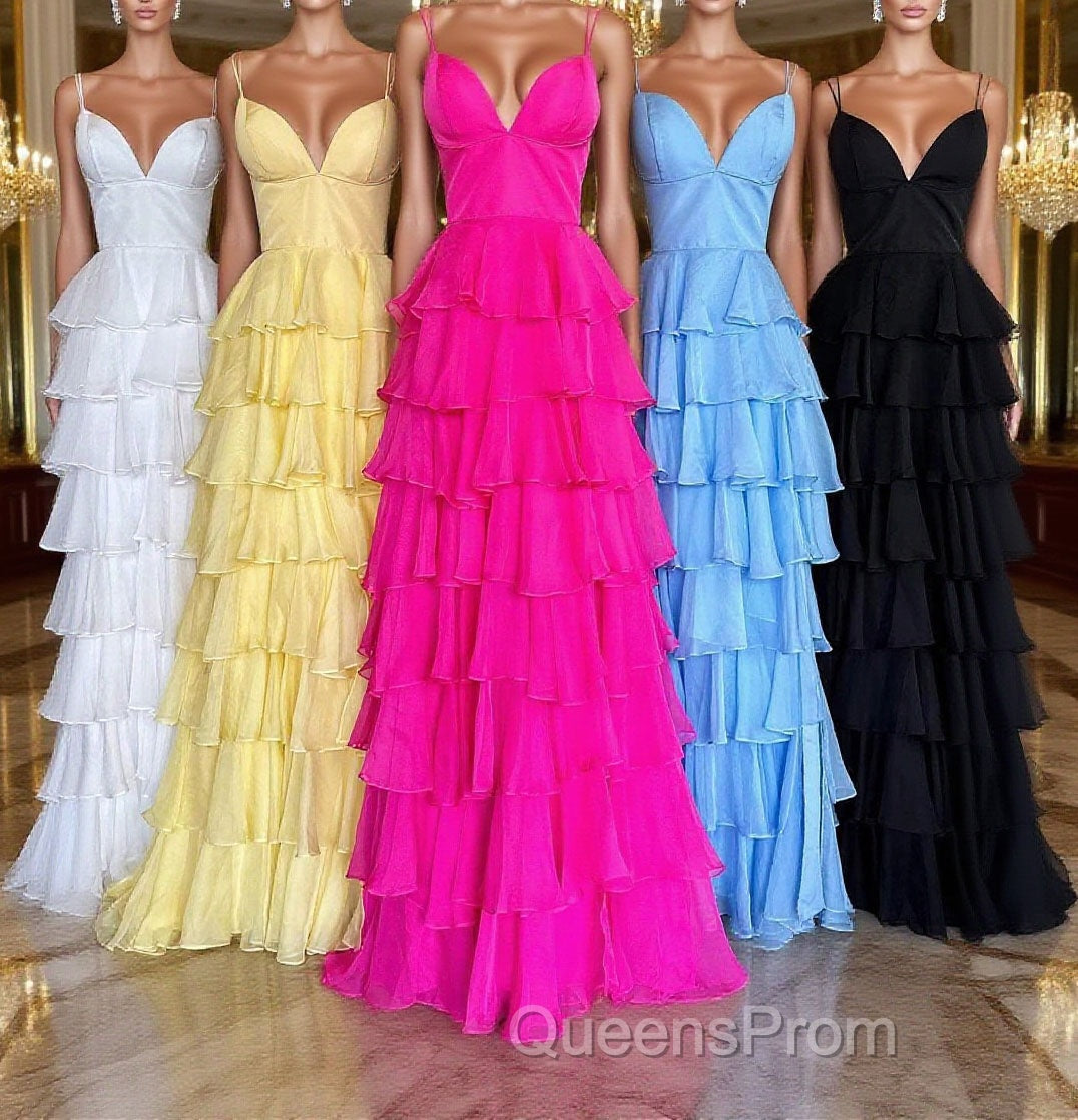 V-Neck Straps Fuchsia Ruffle Chiffon Evening Prom Dress with Slit Main image