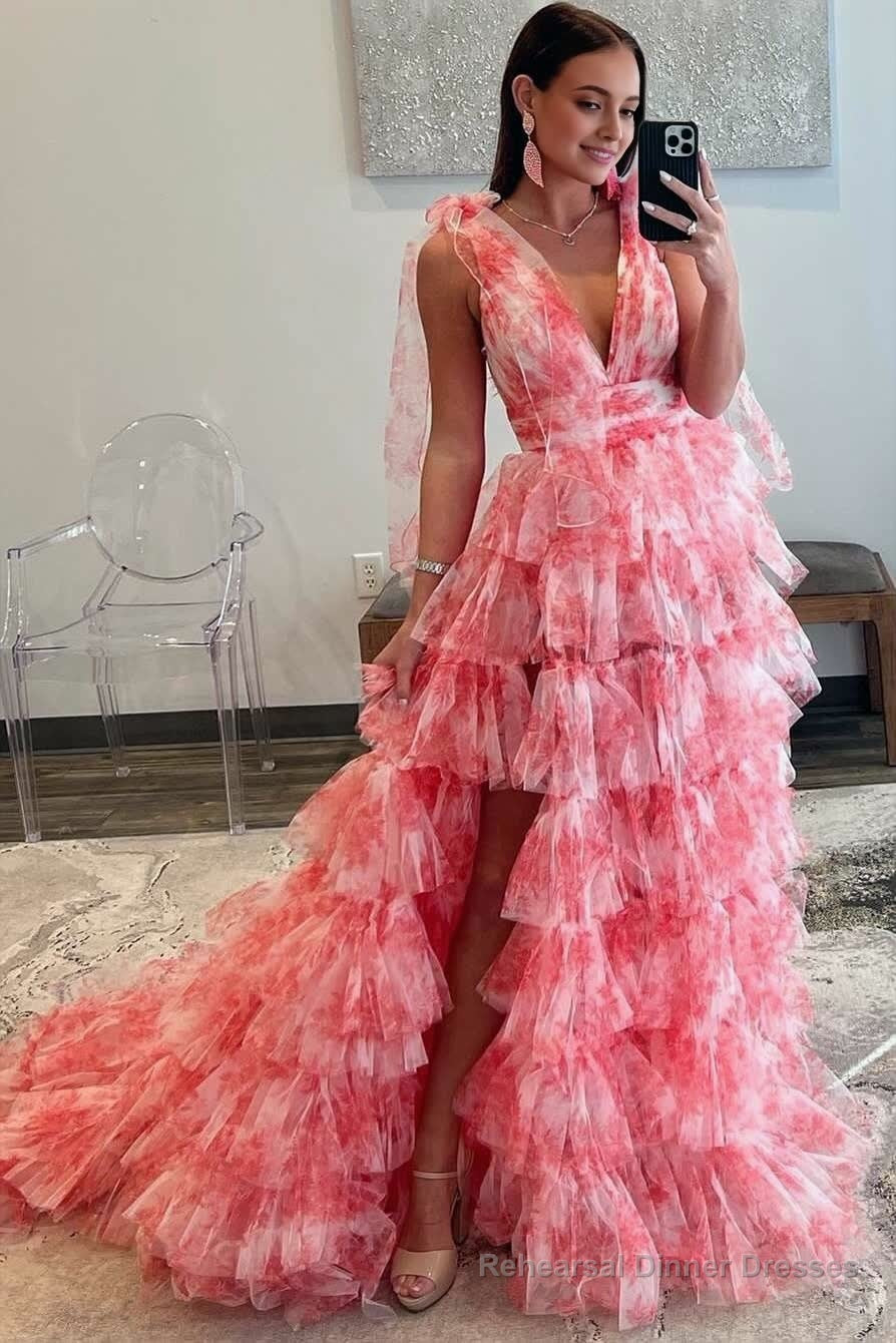 V-Neck Tie Straps Red Floral Print Layered Long Prom Dress Secondary image