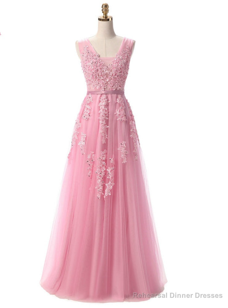 V Neck Tulle A Line Pink Evening Dress Prom Gown Main image
