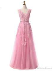 V Neck Tulle A Line Pink Evening Dress Prom Gown