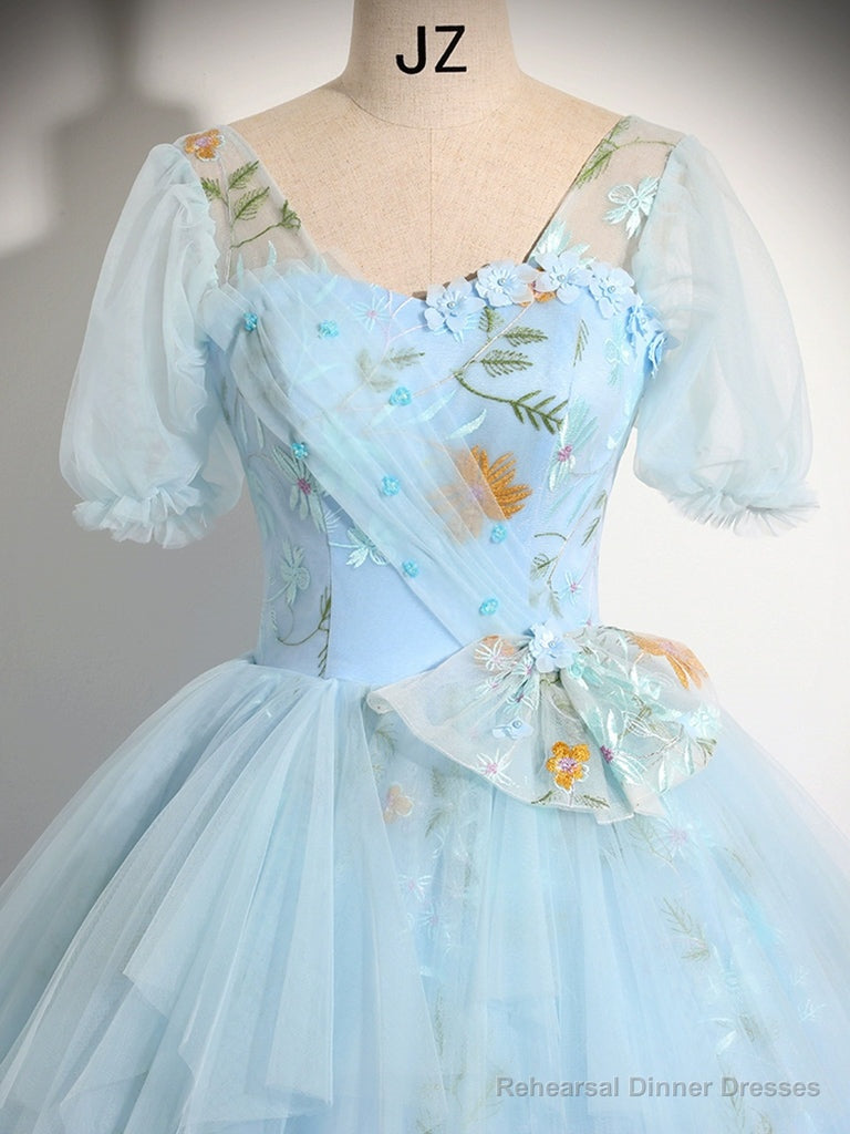 V Neck Tulle Lace Blue Long Prom Dress, A-Line Blue Lace Long Sweet 16 Dress Secondary image