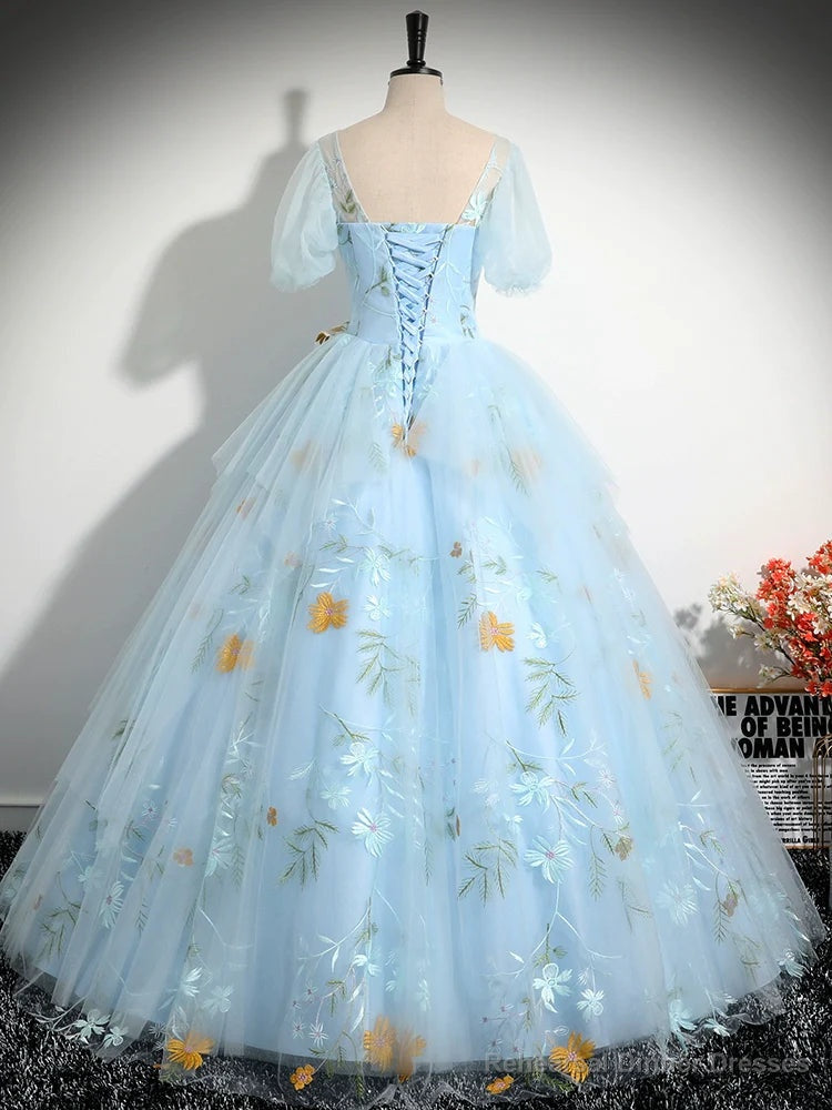 V Neck Tulle Lace Blue Long Prom Dress, A-Line Blue Lace Long Sweet 16 Dress