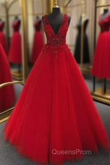 V-Neck Tulle Long Evening Prom Dress With Appliques And Beading,Evening Prom Dress,Pageant Dress