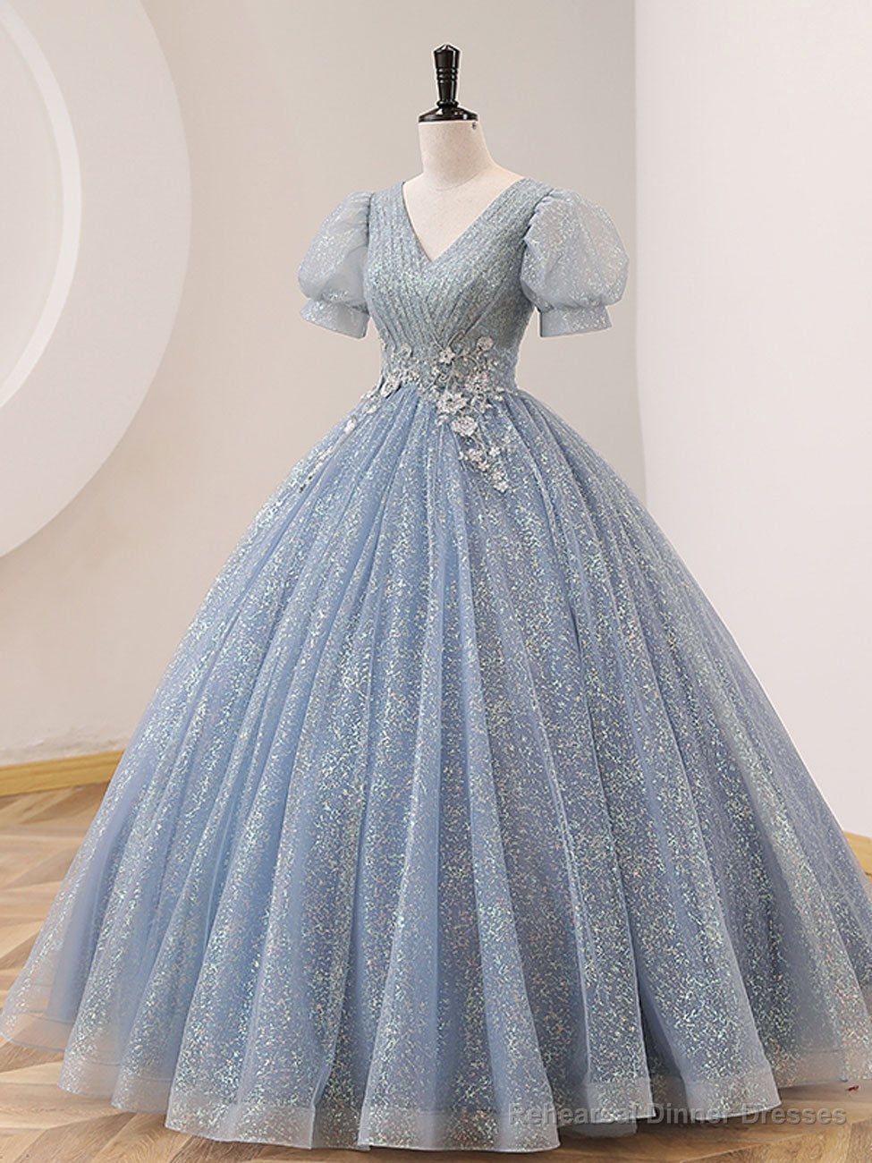 V Neck Tulle Sequin Gray Blue Long Prom Dress, Gray Blue Formal Sweet 16 Dress Secondary image