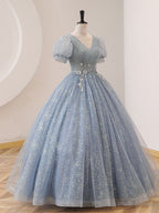 V Neck Tulle Sequin Gray Blue Long Prom Dress, Gray Blue Formal Sweet 16 Dress