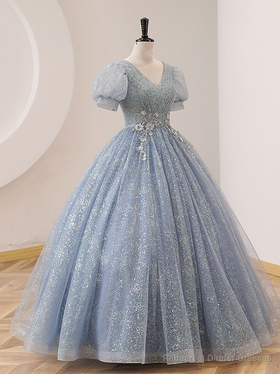 V Neck Tulle Sequin Gray Blue Long Prom Dress, Gray Blue Formal Sweet 16 Dress