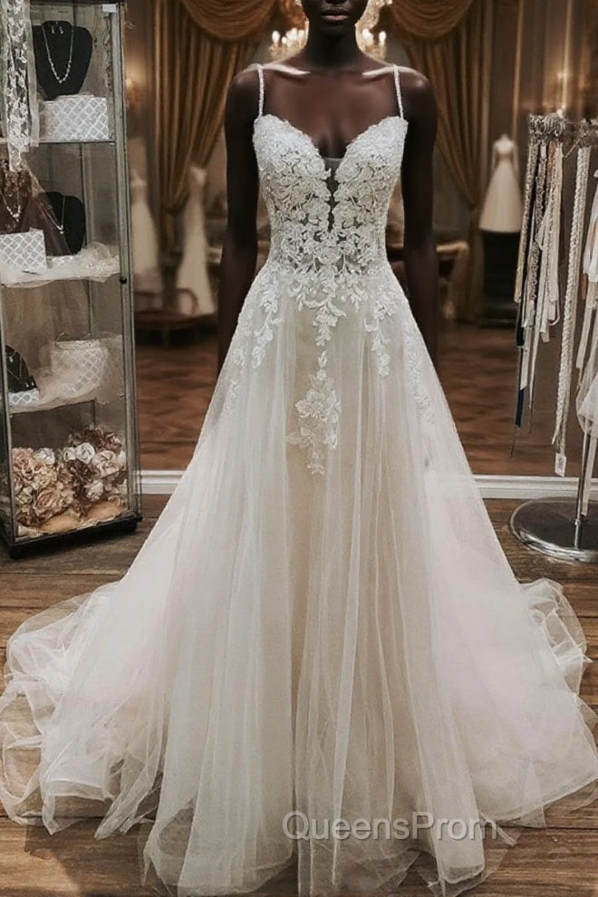 V Neck White Lace Wedding Dress, V Neck White Lace Formal Evening Prom Dress Main image
