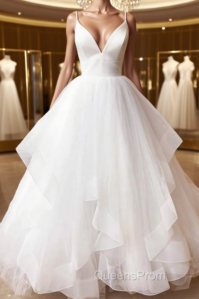 V Neck White Tulle Wedding Dress, V Neck White Formal Evening Prom Evening Dress Main image