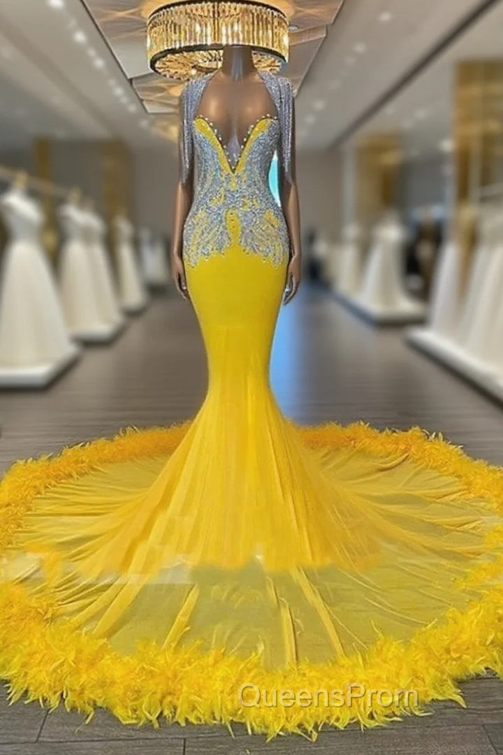 V Neck Yellow Feather Trumpet Mermaid Evening Prom Dress Main image