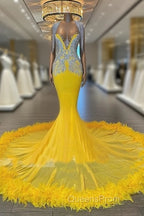 V Neck Yellow Feather Trumpet Mermaid Evening Prom Dress