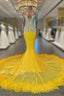 V Neck Yellow Feather Trumpet Mermaid Evening Prom Dress
