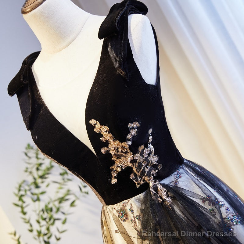V-neckline Black Tulle with Velvet Top Long Evening Dress Party Dress, A-line Wedding Party Dress Secondary image