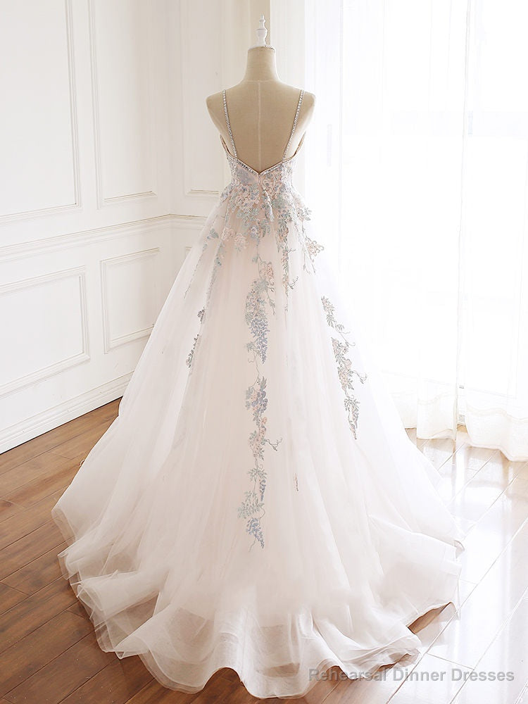 V-neckline Lace Applique Floor Length Party Dress, Charming White Floral Prom Dress Secondary image
