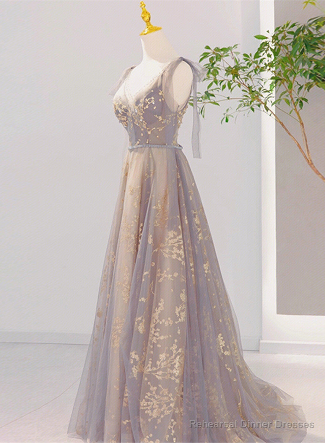V-neckline Lace-up Champagne and Grey Long Formal Dress, Tulle Prom Dress Main image