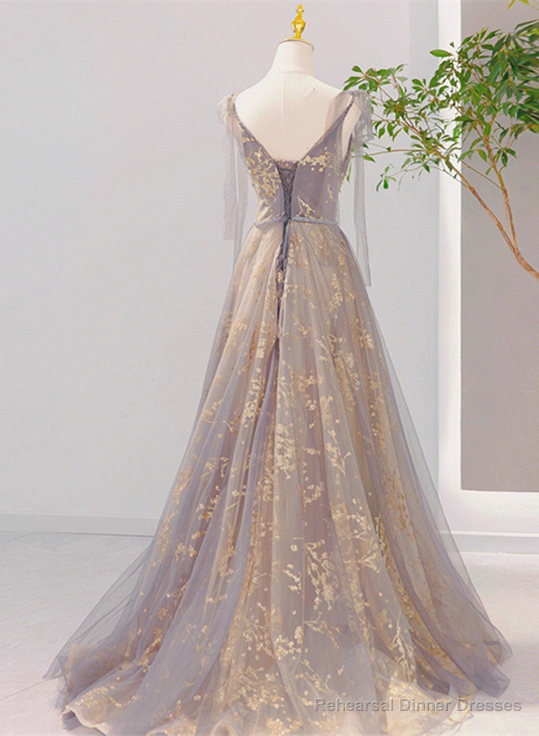 V-neckline Lace-up Champagne and Grey Long Formal Dress, Tulle Prom Dress Secondary image
