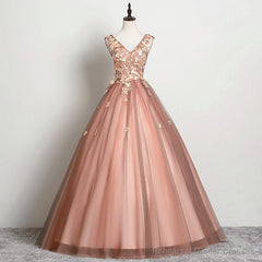 V-neckline Tulle Ball Gown Pink Sweet 16 Dresses, Ball Gown Lace Applique Quinceanera Dress