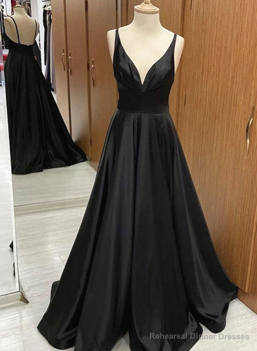 V-neck line Black Long Satin A-line Prom Dresses, V Neck Black Formal Dresses Party Dresses Main image