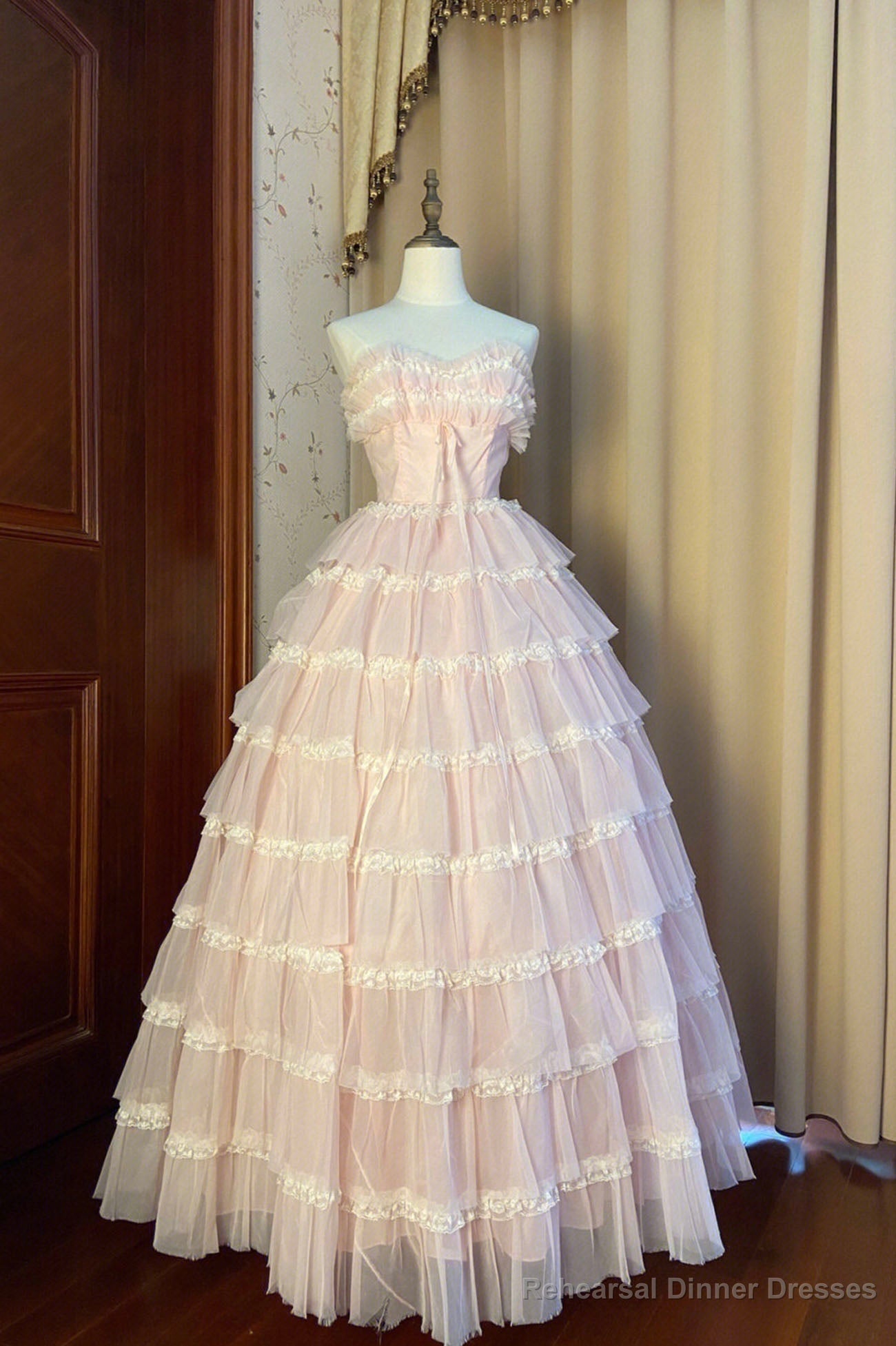 Pink Strapless Layers Tulle Long Party Dress, Glam Prom Dress Formal Gown Main image