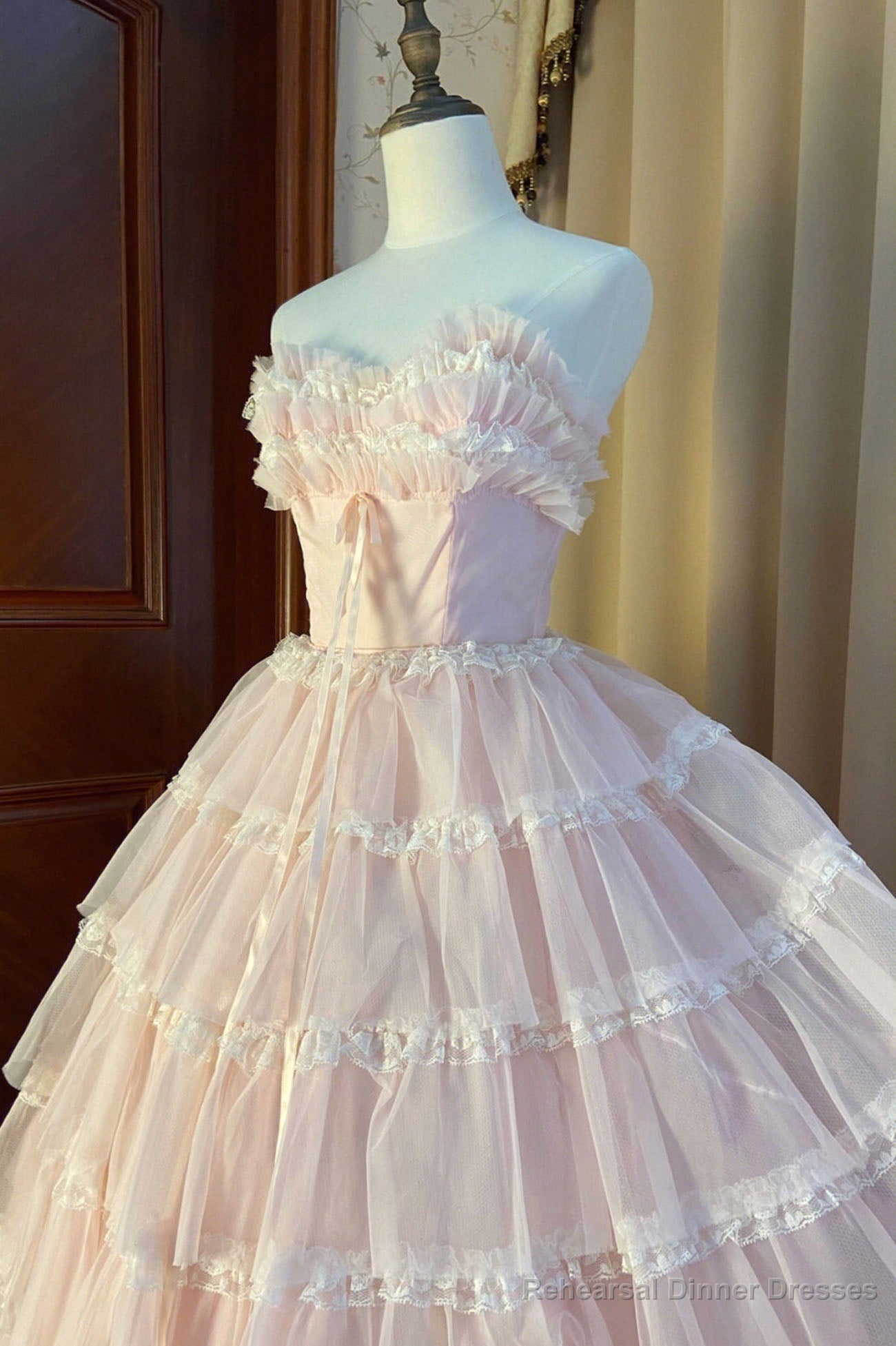 Pink Strapless Layers Tulle Long Party Dress, Glam Prom Dress Formal Gown Secondary image