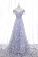A-Line Tulle Sequins Long Prom Dress, Off the Shoulder Evening Party Dress