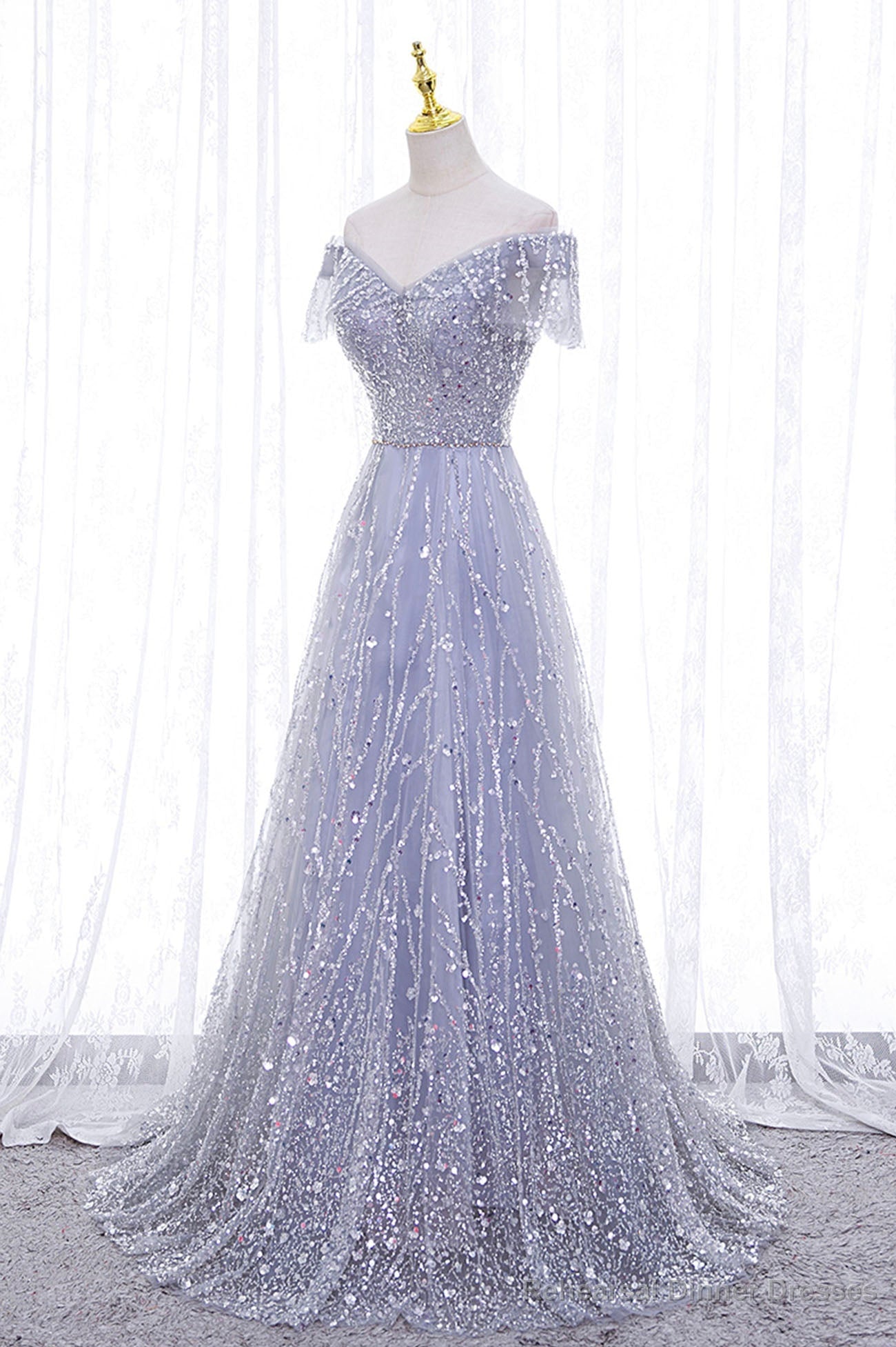 A-Line Tulle Sequins Long Prom Dress, Off the Shoulder Evening Party Dress