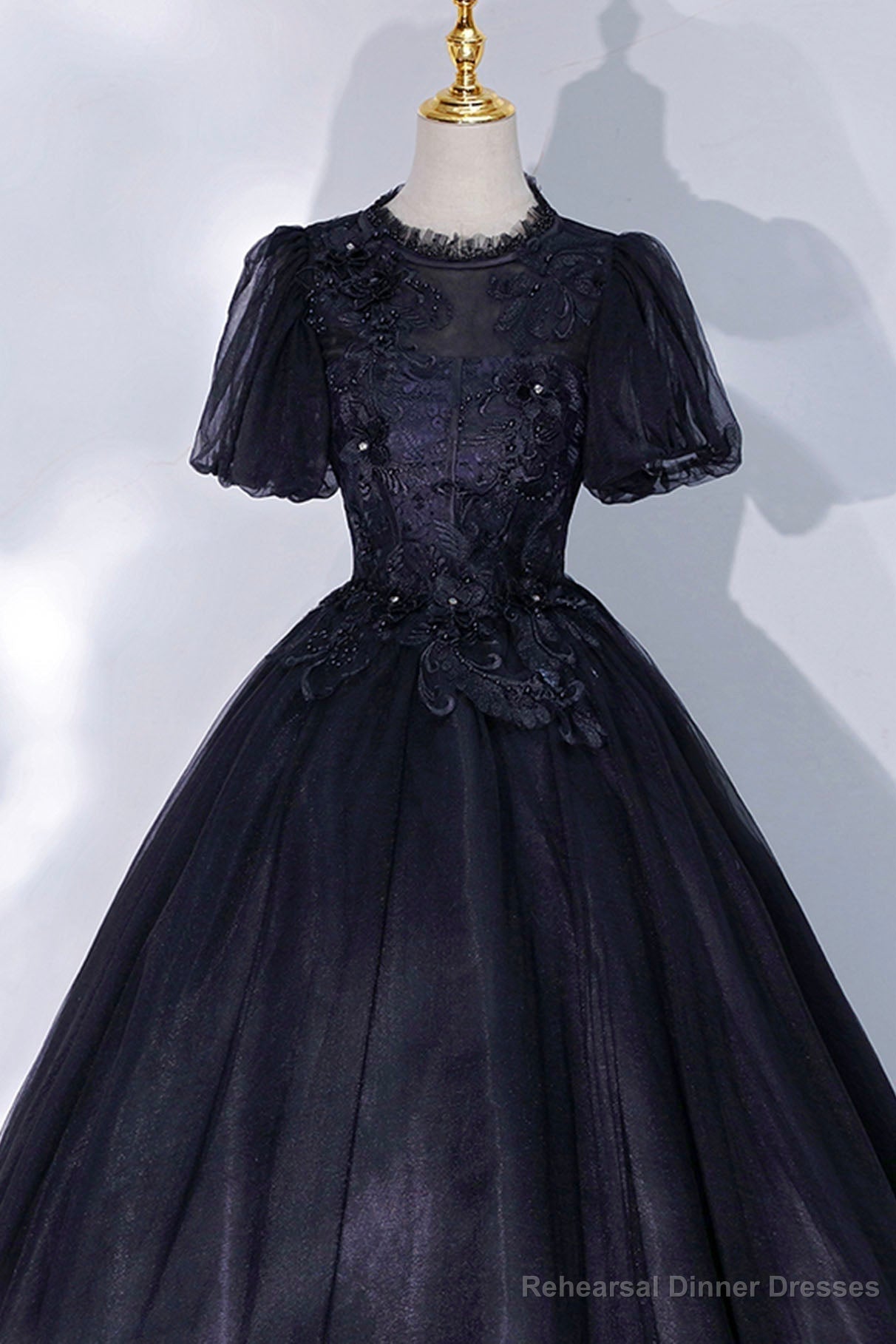 Black Tulle Lace Long A-Line Prom Dress, A-Line Short Sleeve Evening Gown Main image