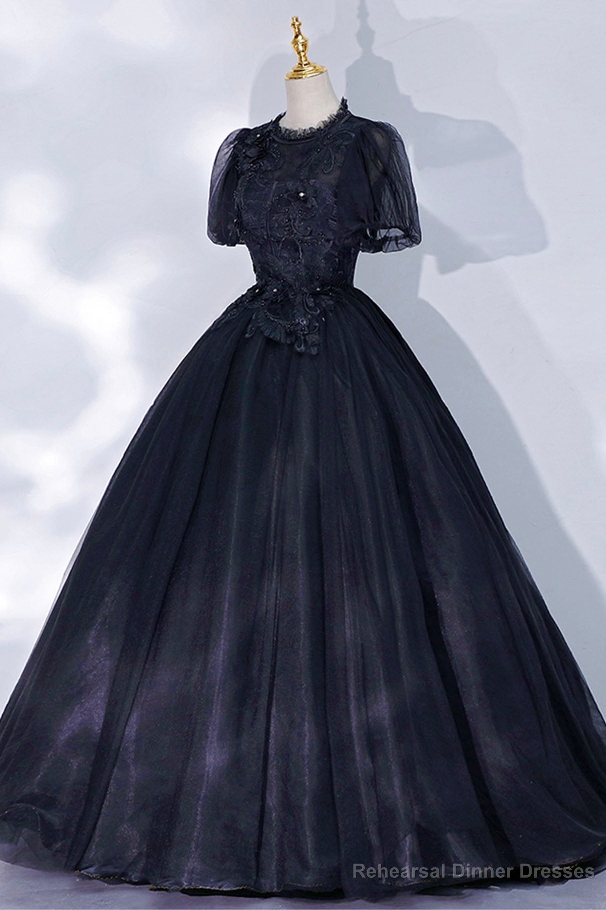 Black Tulle Lace Long A-Line Prom Dress, A-Line Short Sleeve Evening Gown Secondary image