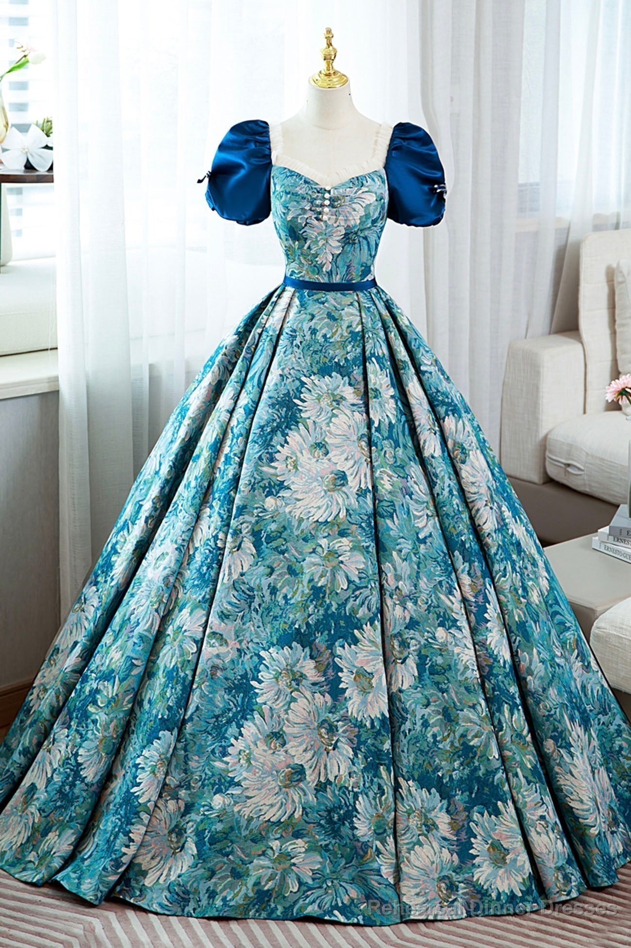 Blue Printed Long A-Line Prom Dress, Elegant Short Sleeve Formal Dress Main image