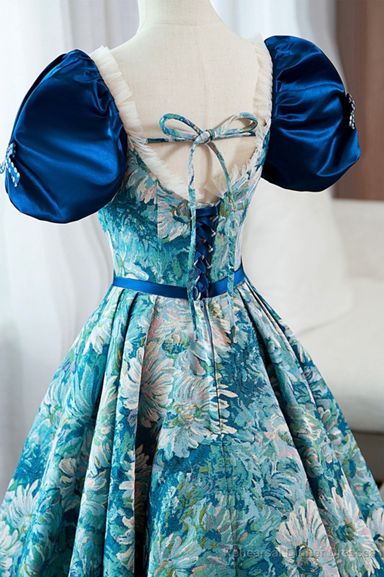 Blue Printed Long A-Line Prom Dress, Elegant Short Sleeve Formal Dress