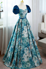 Blue Printed Long A-Line Prom Dress, Elegant Short Sleeve Formal Dress