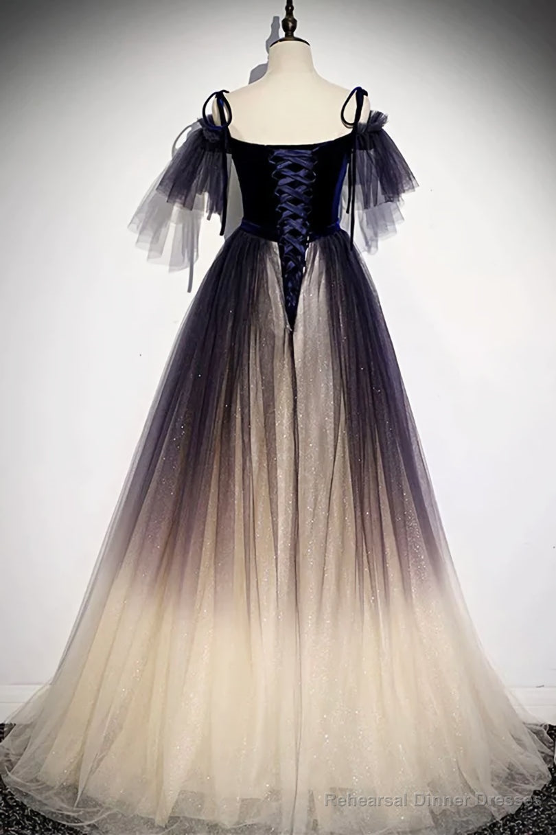 Velvet and Gradient Tulle Long Party Dress, Straps Long Evening Gown Main image