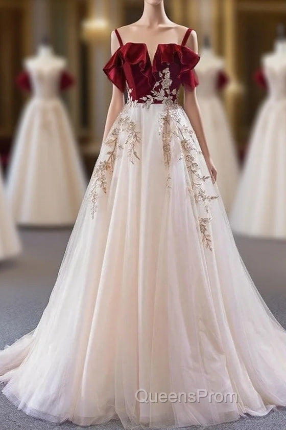 UniqueDresss Vintage Red Straps Tulle Formal Dress, Elegant Applique Evening Prom Dress Main image