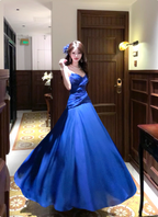 Vibrant Royal Blue A-Line Spaghetti Strap Knot-Embellished Chiffon Long Classy Prom Dress