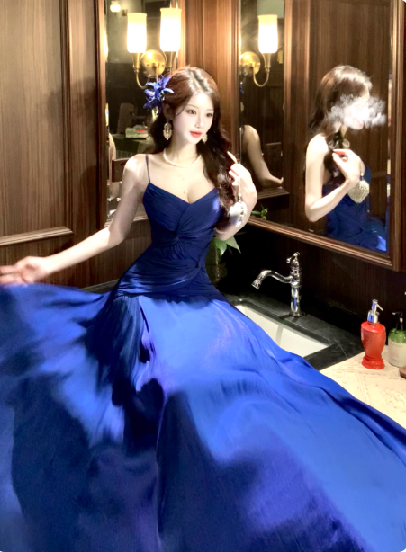 Vibrant Royal Blue A-Line Spaghetti Strap Knot-Embellished Chiffon Long Classy Prom Dress