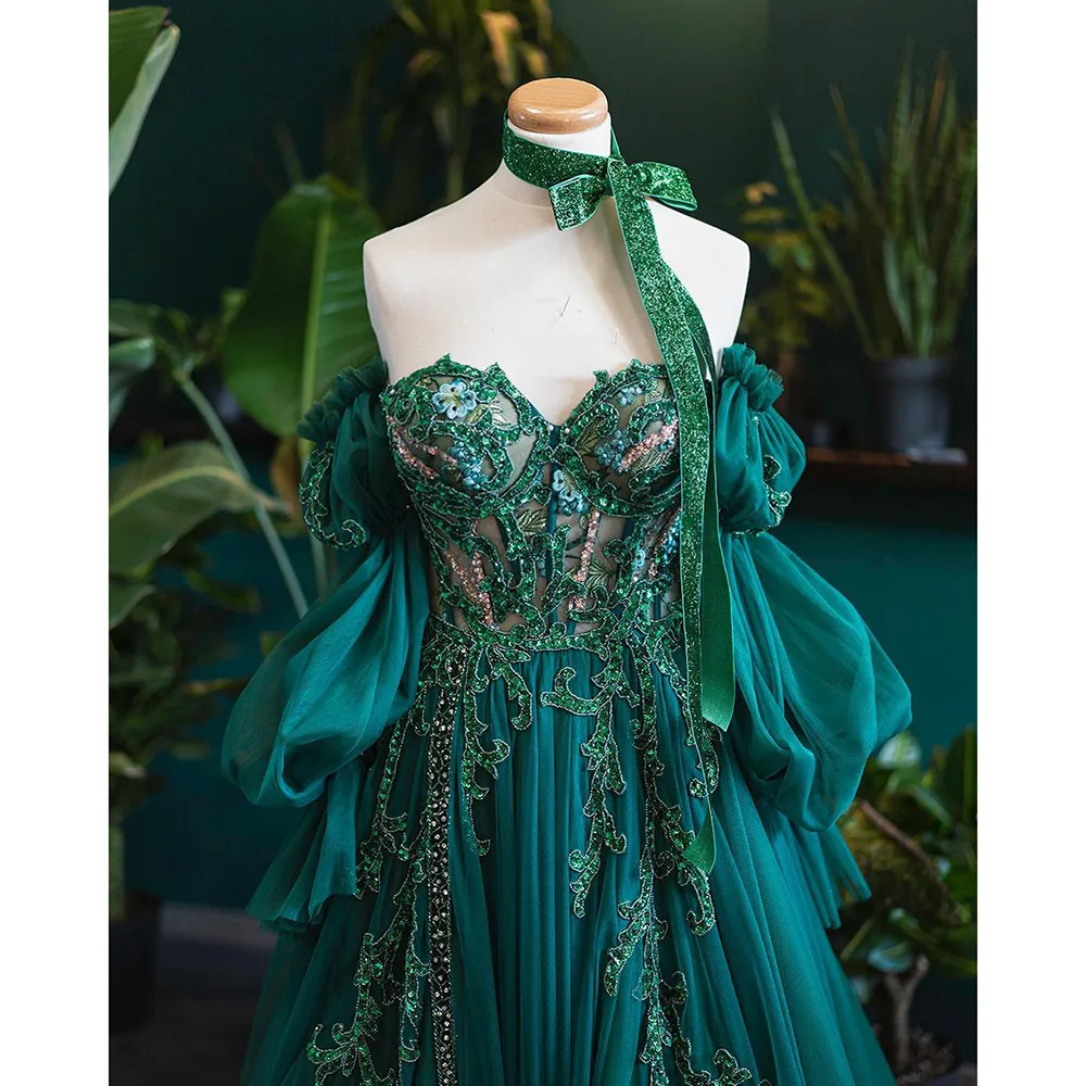 Vintage A Line Appliques Lace-Up A-Line Dark Green Tulle Classy Prom Dress Secondary image