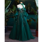 Vintage A Line Appliques Lace-Up A-Line Dark Green Tulle Classy Prom Dress