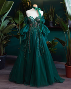 Vintage A Line Appliques Lace-Up A-Line Dark Green Tulle Classy Prom Dress