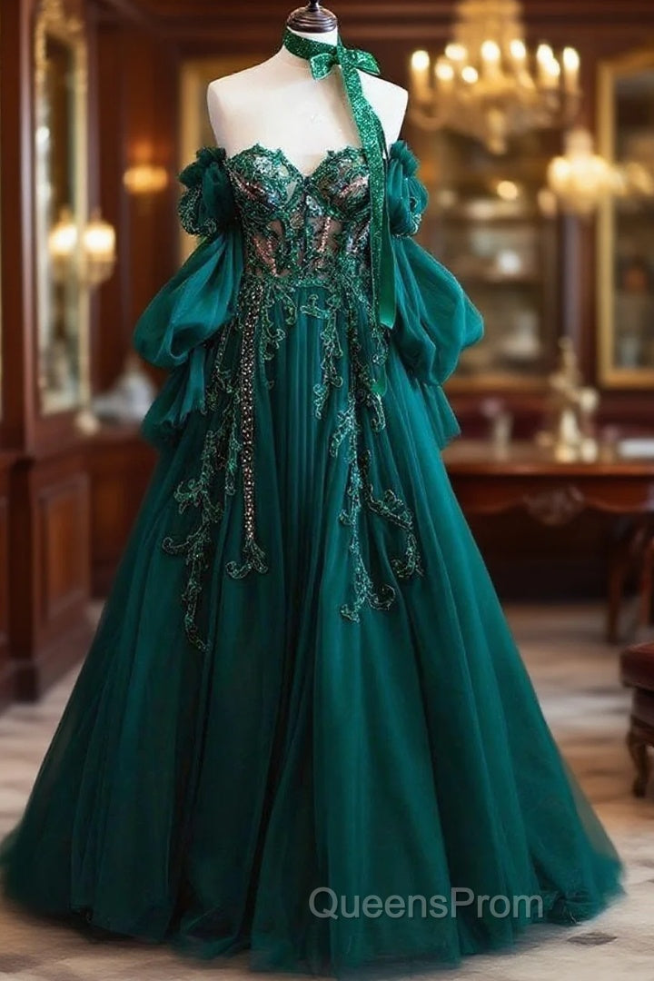 Vintage A Line Appliques Lace-Up A-Line Dark Green Tulle Evening Prom Dress Main image