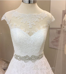 Vintage A-Line Cap Sleeves Crystal Beaded Sashes Wedding Lace Dress