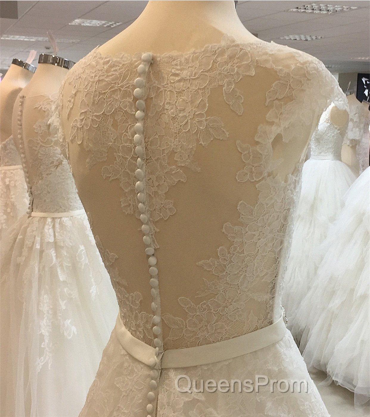 Vintage A-Line Cap Sleeves Crystal Beaded Sashes Wedding Lace Dress