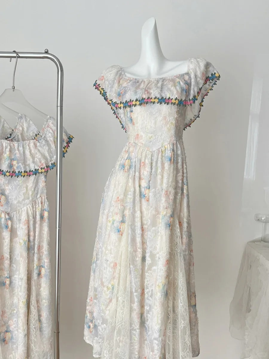 Vintage A-Line Colorful Floral Lace Long Classy Prom Dress Bridesmaid Dress Main image