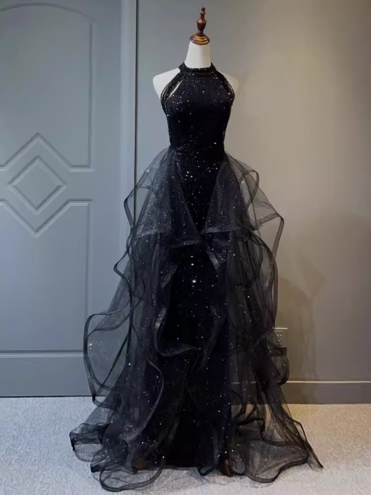 Vintage A Line Halter Black Party Dress Sequin Classy Prom Dress Secondary image