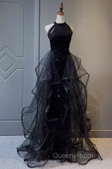 Vintage A Line Halter Black Party Dress Sequin Evening Prom Dress
