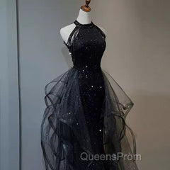 Vintage A Line Halter Black Party Dress Sequin Evening Prom Dress