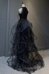 Vintage A Line Halter Black Party Dress Sequin Evening Prom Dress