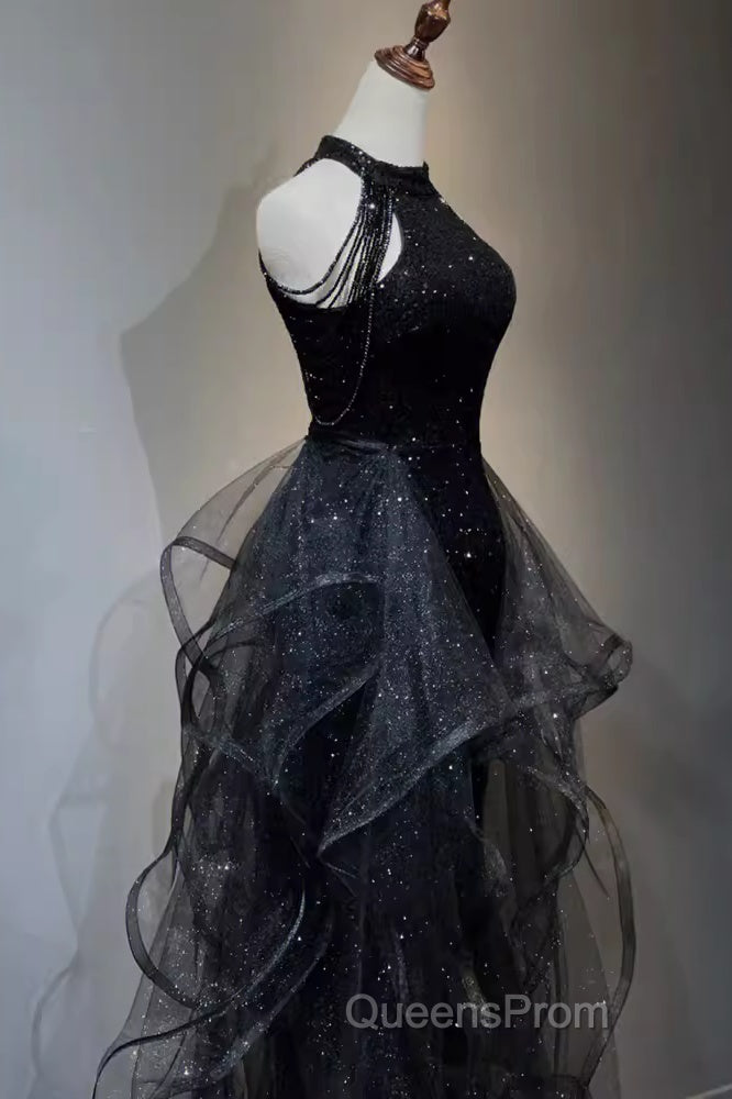 Vintage A Line Halter Black Party Dress Sequin Evening Prom Dress